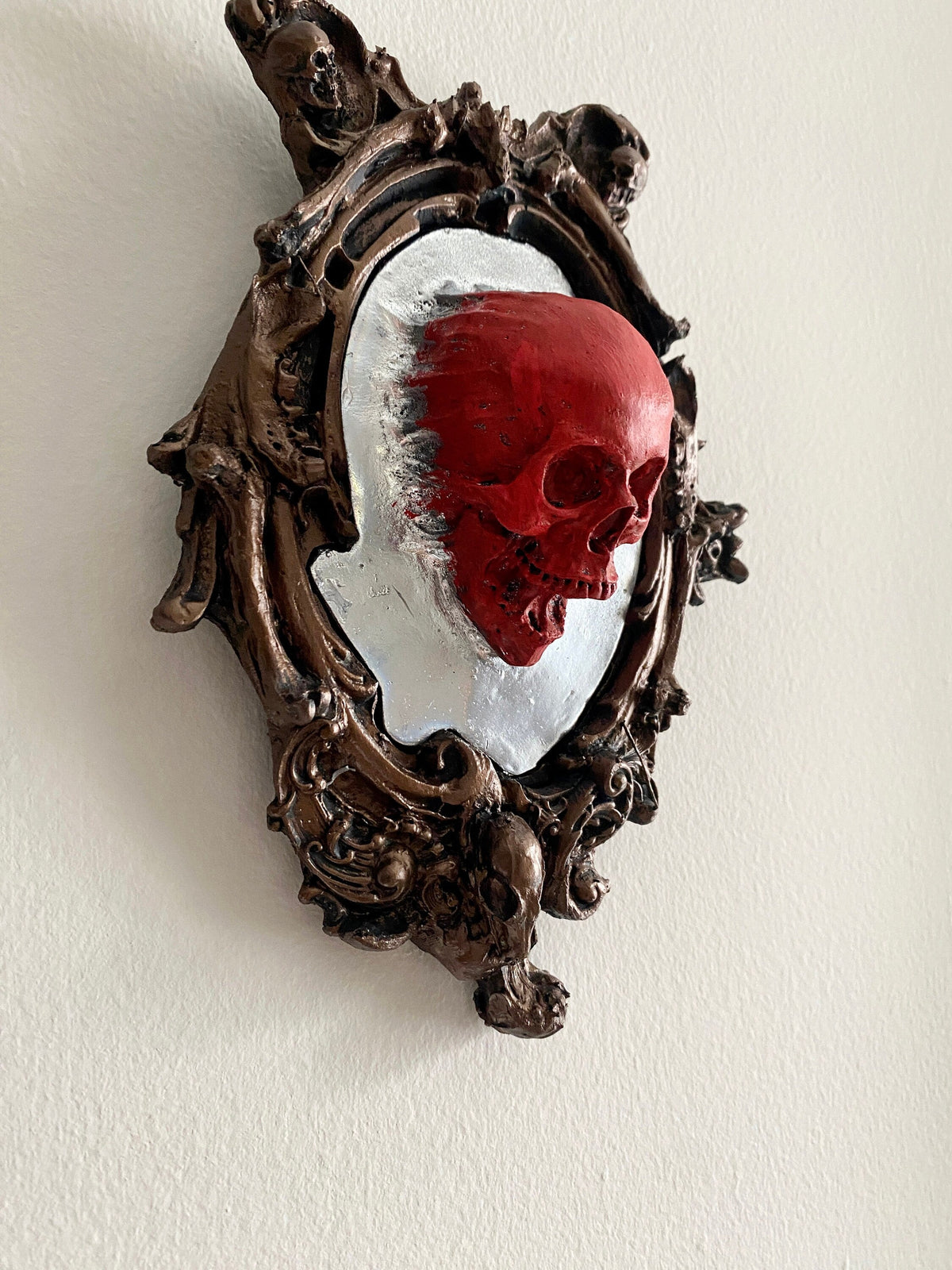 Spectral Skull Wall Plaque, Blood Red, Resin | Victorian Gothic Haunted Wall Art |Ghost Skull in Mirror for Halloween, Spooky Home Decor