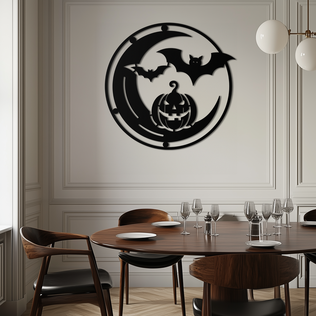 Halloween Bat Pumpkin Metal Wall Art – Spooky Jack-O'-Lantern Steel Decor- KAF371