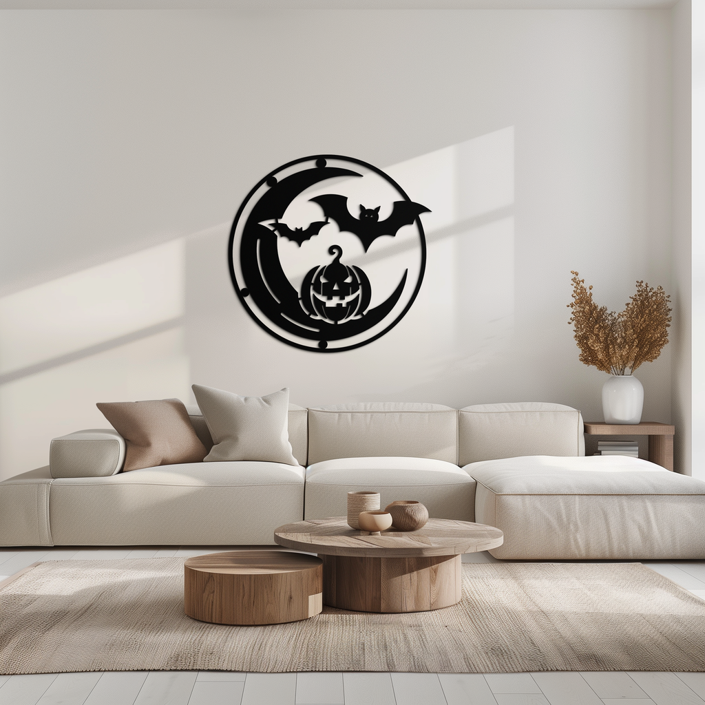 Halloween Bat Pumpkin Metal Wall Art – Spooky Jack-O'-Lantern Steel Decor- KAF371