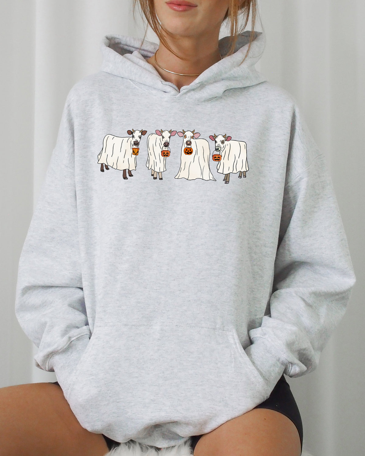 Ghost Cows Farm Skeleton Spooky Witch Halloween Costume Night Moonlit Haunted Harvest Mystic Edition Hoodie
